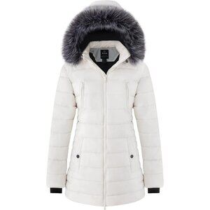 Women's Winter Snowy Weather Warm Puffer Jacket Coat Beige Fur Puffer Hood